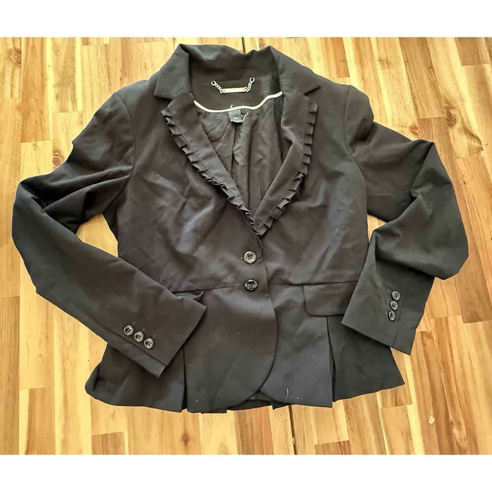 White House Black Market Ruffled Collar Peplum Jacket Black Career Size 10